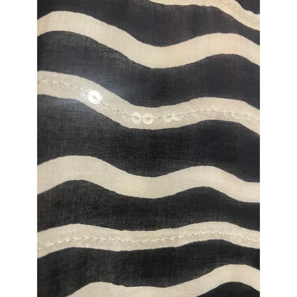 Tory Burch Sequined Tunic Top Navy White Striped Long Sleeve Blouse Popover 2 XS